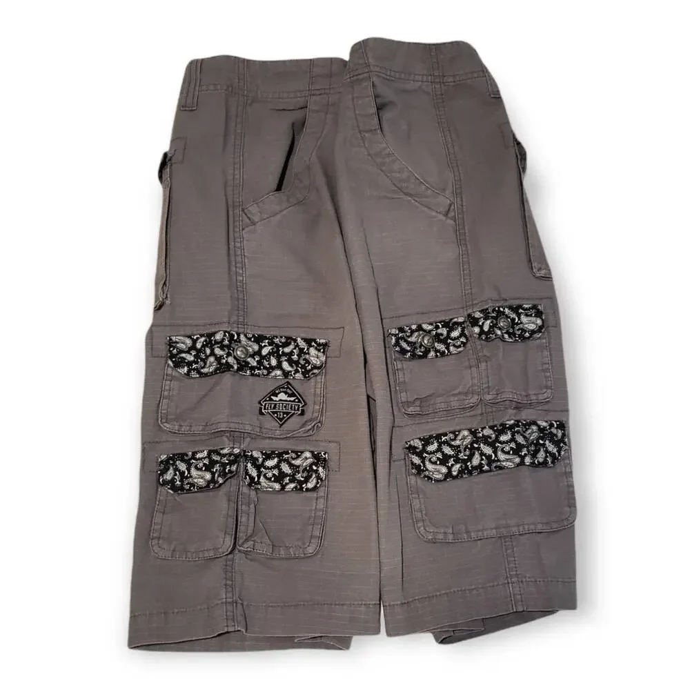 Fly Society Gray w. Black & White Floral Trim Multi Pocket Cargo Shorts Size 34
